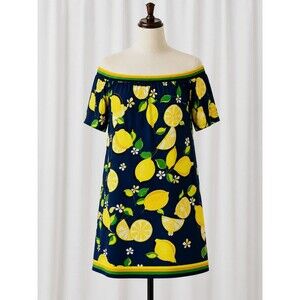 Trina Turk Kelso Lemon Off the Shoulder Stripe Trim Short Sleeve Shift Dress